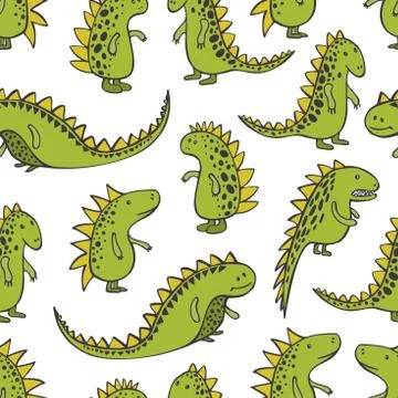 Cute dinosaurs on white background. Vector  pattern. Stock Illustration