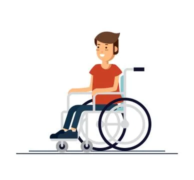Cute disabled boy kid sitting in a wheelchair. Handicapped person. Flat style Stock Illustration
