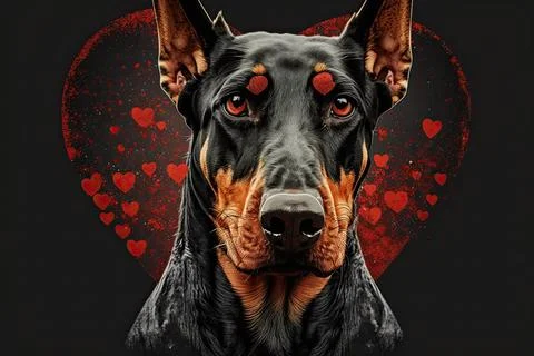 Cute Doberman, isolated on a background with red hearts Stock Illustration