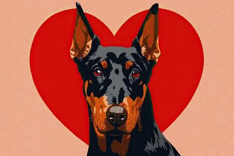 Cute Doberman, isolated on a background with red hearts Stock Illustration