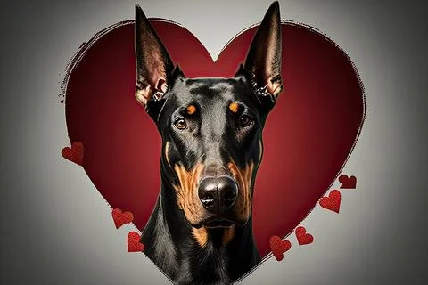 Cute Doberman, isolated on a background with red hearts Stock Illustration