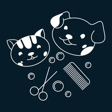 Cute dog and cat face, scissors, comb and soap bubbles Stock Illustration