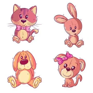 Cute dog, cat, and rabbit, hand drawn style set Stock Illustration