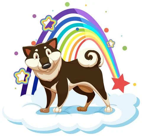 Cute dog on the cloud with rainbow Stock Illustration