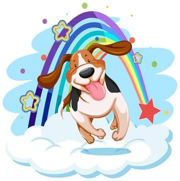 Cute dog on the cloud with rainbow Stock Illustration