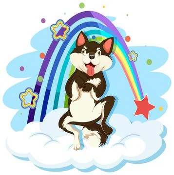 Cute dog on the cloud with rainbow Stock Illustration