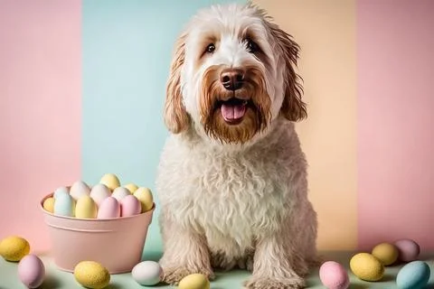 Cute dog on colorful background with easter eggs Stock Illustration