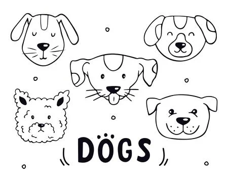 Cute dog faces in doodle style. Vector set Stock Illustration