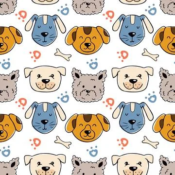 Cute dog faces in doodle style. Seamless pattern Stock Illustration