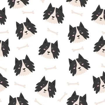 Cute dog faces seamless pattern. Background in cartoon style with funny Collie Stock Illustration