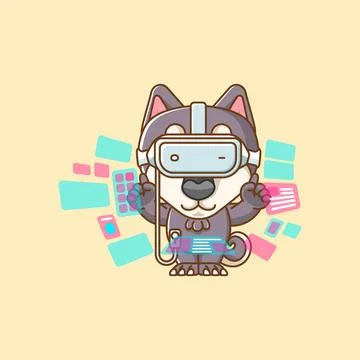 Cute dog interact virtual reality glasses vr kawaii chibi character mascot 스톡 일러스트
