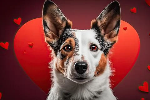 Cute Dog, isolated on a background with red hearts Stock Illustration