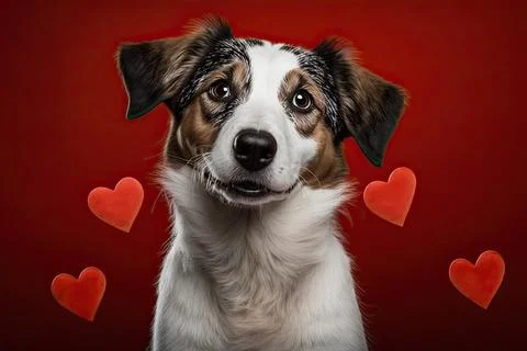 Cute Dog, isolated on a background with red hearts Stock Illustration