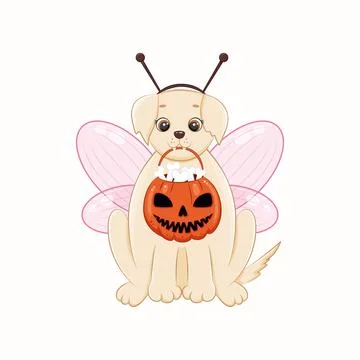 A cute dog with a jack-o'-lantern in his mouth Stock Illustration