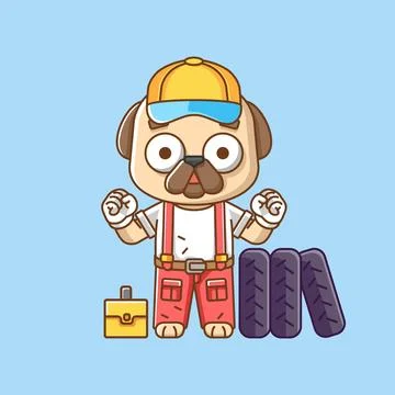 Cute dog mechanic with tool at workshop cartoon animal character mascot icon Stock Illustration