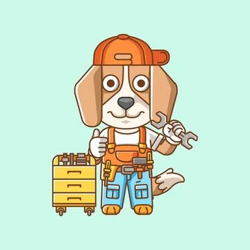 Cute dog mechanic with tool at workshop cartoon animal character mascot icon Stock Illustration