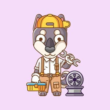 Cute dog mechanic with tool at workshop cartoon animal character mascot icon Illustrazione stock