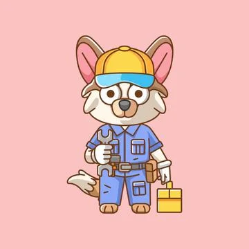 Cute dog mechanic with tool at workshop cartoon animal character mascot icon Stock Illustration