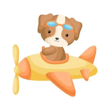 Cute dog pilot wearing aviator goggles flying an airplane. Stock Illustration