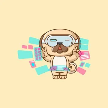 Cute dog pug interact virtual reality glasses vr kawaii chibi character Stock Illustration