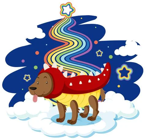 Cute dog standing on the cloud with rainbow イラスト素材