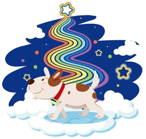 Cute dog standing on the cloud with rainbow Stock Illustration