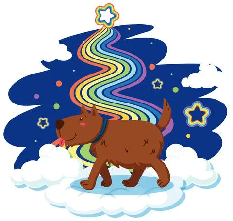 Cute dog standing on the cloud with rainbow Stock Illustration