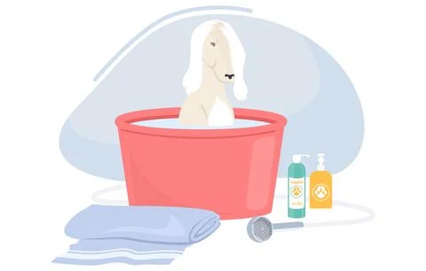Cute dog taking bubble bath in bathtub cartoon vector illustration Stock Illustration