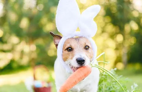 Cute dog wearing Easter bunny's ears fetches large fresh carrot Stock Photos