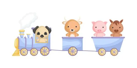 Cute dog, yak, pig and horse ride on train. Stock Illustration