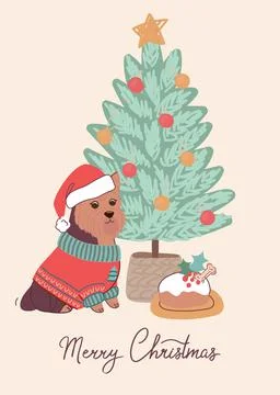 Cute dog Yorkshire Terrier on christmas card. Vector greeting card in flat style Stock Illustration