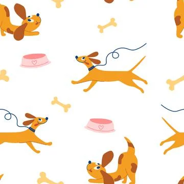 Cute doggie seamless pattern. Happy Hand draw Cute Dogs. Funny Puppies, bones Stock Illustration