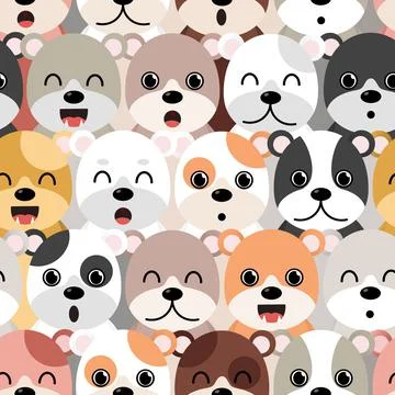 Cute Dogs pattern, different dogs seamless wallpaper. eps 10 vector. Stock Illustration