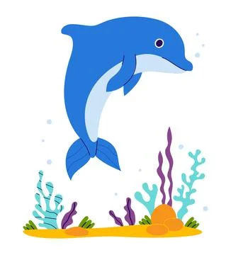 Cute Dolphin with algae on seabed. Vector illustration 스톡 일러스트