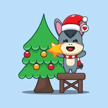 Cute donkey decorating the Christmas tree on Christmas day Stock Illustration