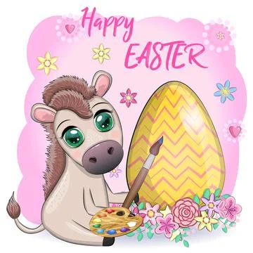 Cute donkey with an easter egg. Easter character and postcard Stock Illustration