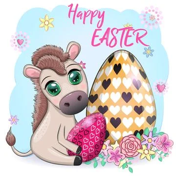 Cute donkey with an easter egg. Easter character and postcard Stock Illustration