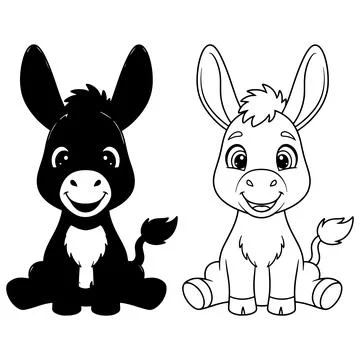 Cute donkey illustrations in black and white for kids Stock Illustration