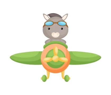 Cute donkey pilot wearing aviator goggles flying an airplane. Stock Illustration