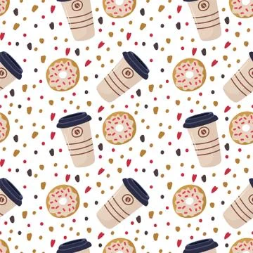 Cute donut with coffee. Background for kitchen textiles. Cafe restaurant sweet Stock Illustration