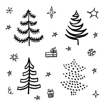 Cute doodle abstract conifer pine fir christmas needle trees collection, set Stock Illustration