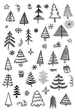 Cute doodle abstract conifer pine fir christmas needle trees collection, set Stock Illustration