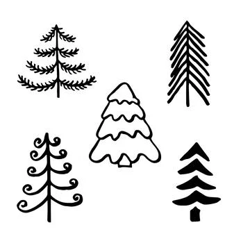 Cute doodle abstract conifer pine fir christmas needle trees collection, set Stock Illustration