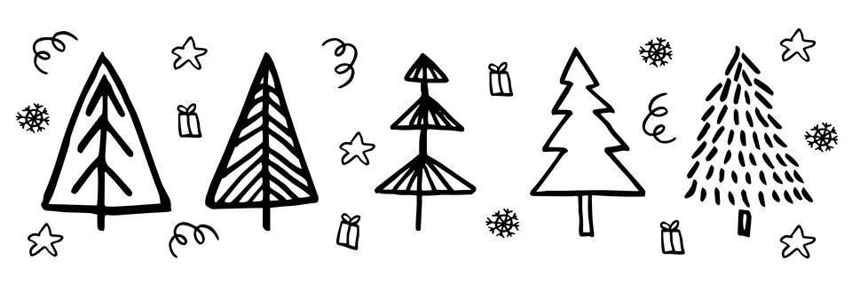 Cute doodle abstract conifer pine fir christmas needle trees collection, set Stock Illustration