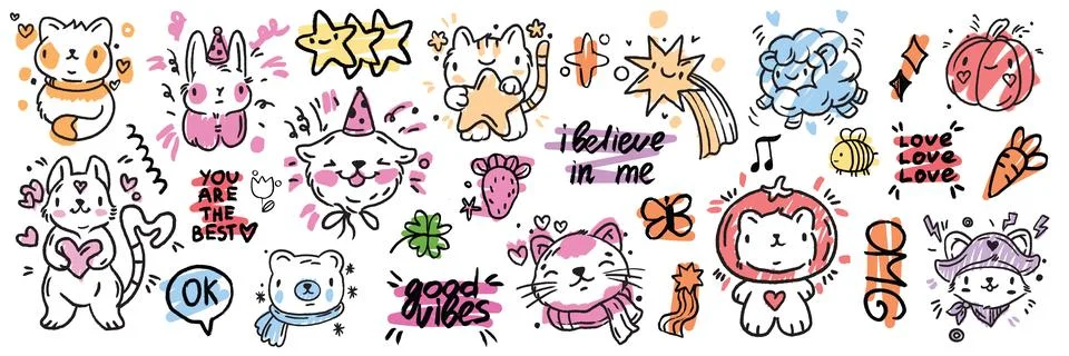 Cute doodle animals vector set, kids scribble kawaii cats, cartoon kitten Stock Illustration