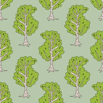 Cute doodle birch tree seamless pattern. Hand drawn forest background. Stock Illustration