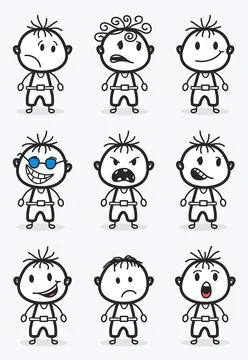 Cute Doodle Boy Character Set with 9 Different Emotions Expressions Vector Stock Illustration