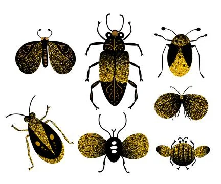 Cute doodle bugs and moth vector black and gold illustration. Cartoon kids Stock Illustration