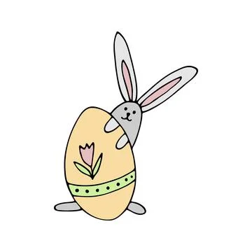 Cute doodle bunny with eggs for easter design. Stock Illustration