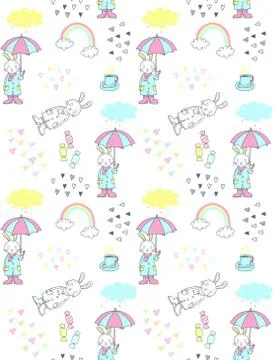 Cute doodle bunny in rain pattern Stock Illustration